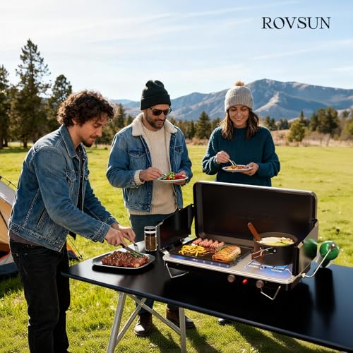 ROVSUN 2-in-1 Portable Camping Stove & Propane Grill with Enamel Griddle & Piezo Igniter, Tabletop Camp Stove with Built-i...