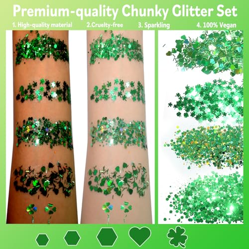 Allstarry Green Body Glitter, 4 Colors Cosmetic Green Face Glitter, Shamrock Face Eyeshadow Makeup Hair and Eye Glitter St...