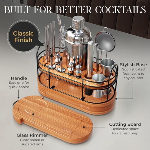 MIXLO HOME Mixology Bartender Kit - 22Pcs Bar Set Cocktail Shaker Set w Brown Bar Cart Accessories Stand - Shakers Bartend...