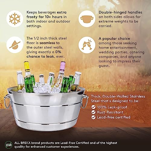 BREKX Stainless Steel Ice Bucket for Parties, Double Wall Insulated Anchored Brushed Drink Tub & Wine Bucket with Double H...
