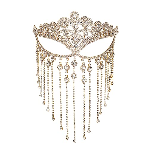 MineSign Tassel Mask chain for Women Fringe Masquerade Head Chain Rhinestone Face Jewelry for Halloween PartyCosplay