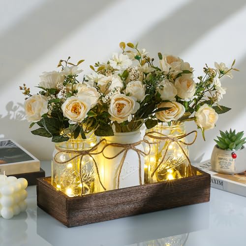 DUOER 3 Pcs Mason Jar Centerpiece Table Decorations for Dining Table Decor Farmhouse Coffee Table Decor with Wood Tray and...