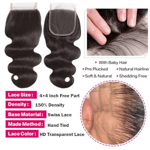 100% Brazilian Virgin Human Hair Body Wave Natural Black Human Hair Bundles with 4x4 Lace Closure, 3 Bundles with Closure (14, 16, 18+12 Natural Black)