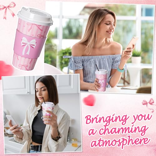 Jingmore 100 Set Pink Bow Coffee Cups with Lids, Straws and Sleeves Pink Bowknot Disposable Drinking Cup for Wedding Coque...
