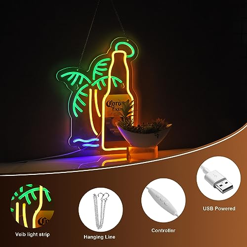 Beer Palm Tree Coro Bottle Neon Sign Dimmable LED Bar Neon Light for Wall Décor Neon Art signs with USB Plug for Pub Store...