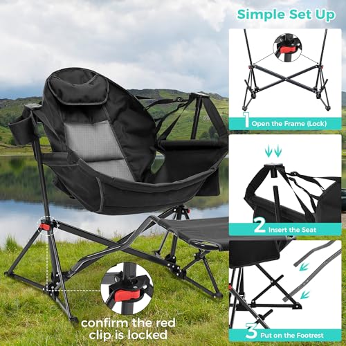 Ainfox Hammock Camping Chair with Footrest, Foldable Portable Rocking Chairs for Adults Swinging Camp with Cup Holder Pill...