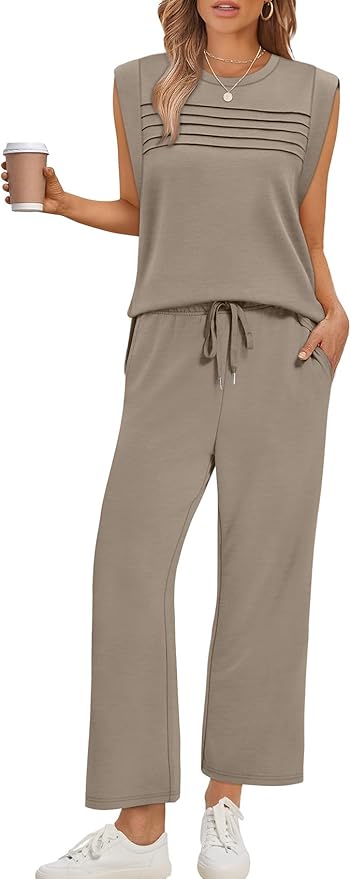 WIHOLL 2 Piece Sets for Women Summer Lounge Sets Travel Vacation Outfits Cap Sleeve Sweatsuit Side Slit Wide Leg Pants S-3XL