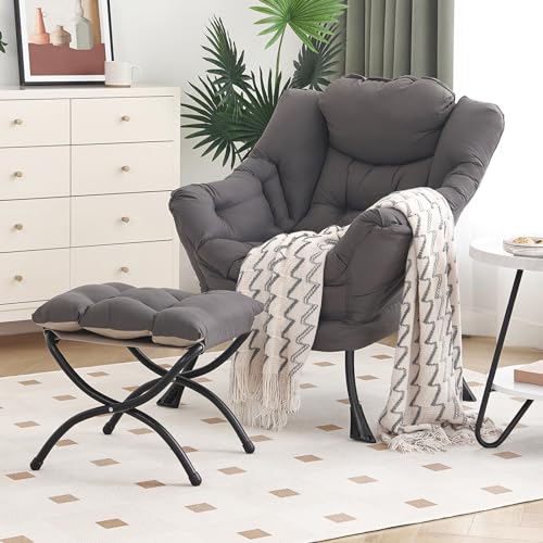 Lazy Chair with Ottoman, Modern Chair with Folding Footrest, Lounge Accent Chair, Comfortable Reading Chair, Oversized Arm...