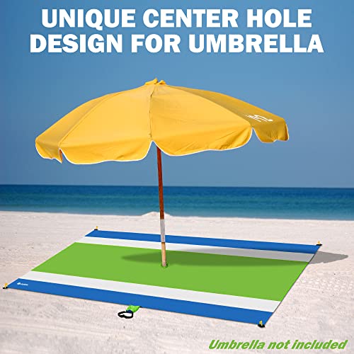 Laybax Green Water-Resistant, Sandproof 10x9ft Beach Blanket With Umbrella Hole–Beach Mat, Compact and Lightweight, Stuff ...