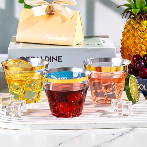 WELLIFE 120 PCS Gold Plastic Cups,9 oz Clear Plastic Cups,Disposable Wine Glasses for Party