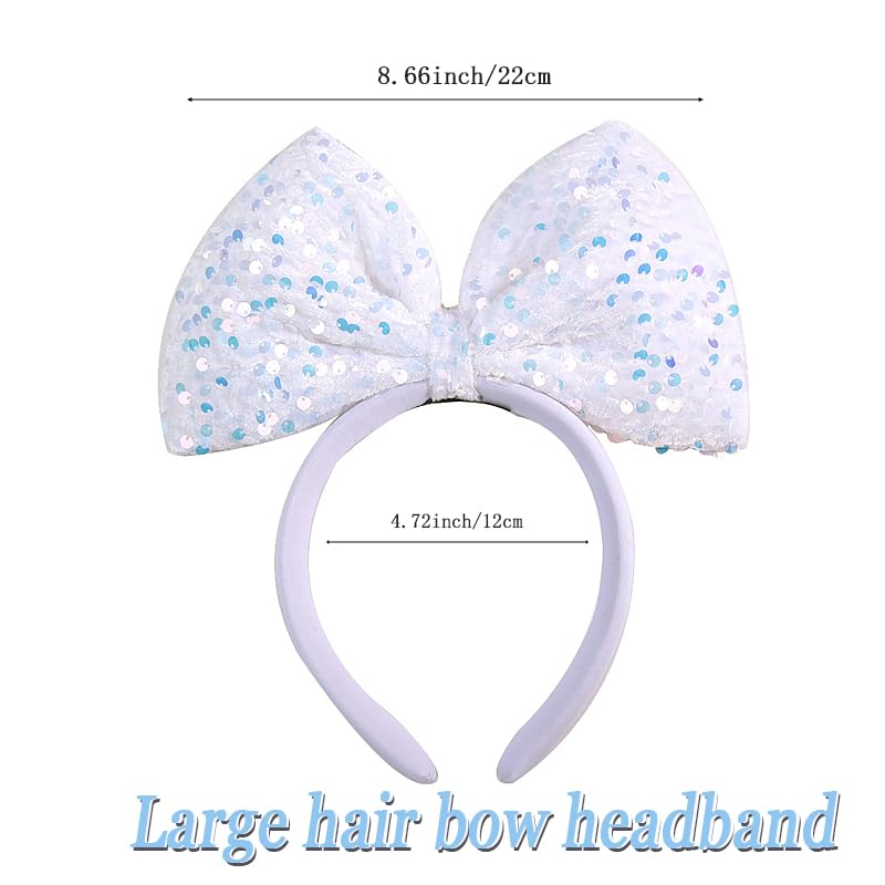 Yheahin Big Bow Headband for Women Soft Bow-Knot Hair Hoop with Sparkling Sequins Festival Costume Large Hair Bow Accessory (Whi