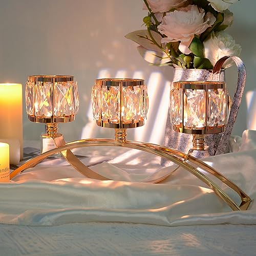 3 Arms Crystal Bowl Tealight Candelabra Votive Candle Stand, Candlestick Holders Wedding centerpieces for Tables Crystal C...