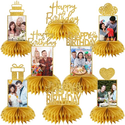 Eucutur 8Pcs Honeycomb Birthday Decorations - Gold Glitter Centerpieces for Women & Men, Happy Birthday Photo Table Topper...