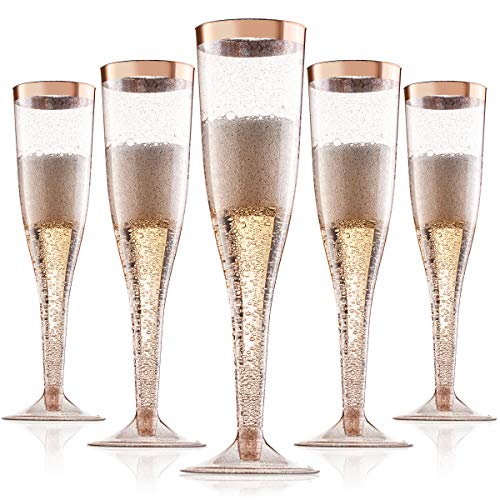 Rose Gold Plastic Champagne Flutes Disposable - Rose Gold Glitter with a Rose Gold Rim - [1 Box of 36 ] 6.5 Oz - Elegant S...
