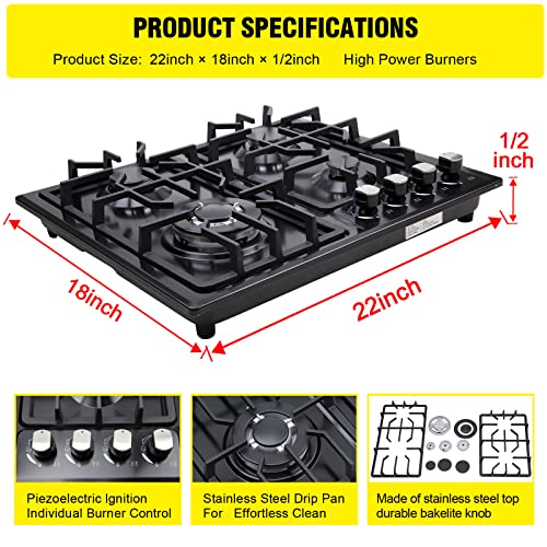 FORIMO Gas Cooktop 22Inch，Built in Gas Cooktop 4 Burners Stainless Steel Stove with NG/LPG Conversion Kit Thermocouple Pro...