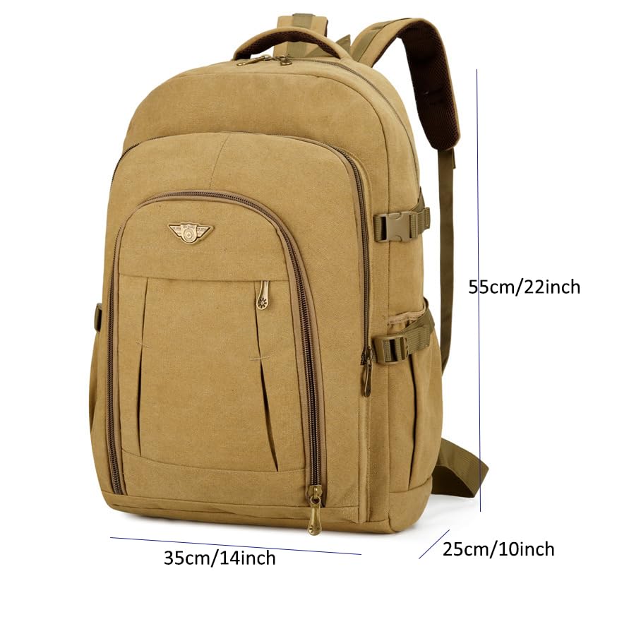 Men's Canvas Travel Backpack, Large 50L Hiking Daypack with Multiple Compartments, Heavy Duty Rucksack, Brown(50L)