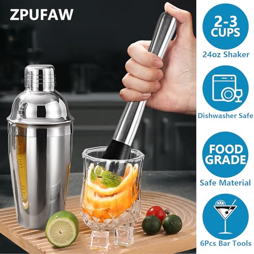 ZPUFAW 6-Piece Cocktail Shaker Set 24oz Shaker Strainer Muddler Jigger Mixing Spoon Pour Spout Bartender Kit Stainless Ste...