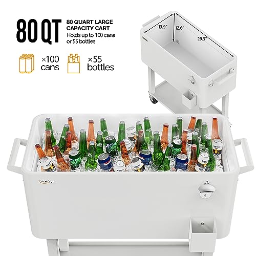 VINGLI 80 Quart Rolling Ice Chest, Portable Patio Party Bar Drink Cooler Cart, with Shelf, Beverage Pool with Bottle Opener