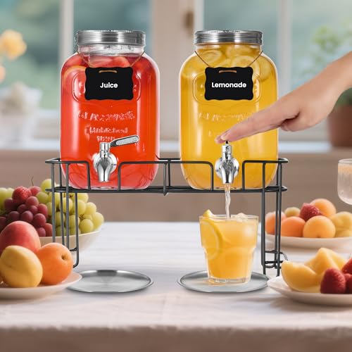 Drink Dispenser, 2 Pack 1 Gallon Glass Drink Dispensers For Parties,Beverage Dispenser, Glass Drink Dispenser With Stand A...