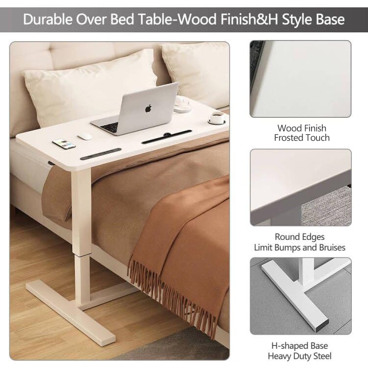 BeGyoku Overbed Table,Hospital Bed Table,Pneumatic Bed Tables Adjustable Over The Bed with Hidden Wheels&USB Port,Mobile Laptop Table Cart and Rolling Bedside Table with Tray Hospital Home Use-White1