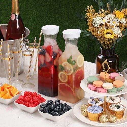 NETANY Plastic 50 Oz Water Carafe with Flip Top Lid, Set of 2 Square Base Juice Containers, Clear Plastic Pitcher - for Wa...