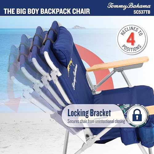 Tommy Bahama Big Boy 4-Position Folding 13" High Seat Backpack Beach or Camping Chair, Navy