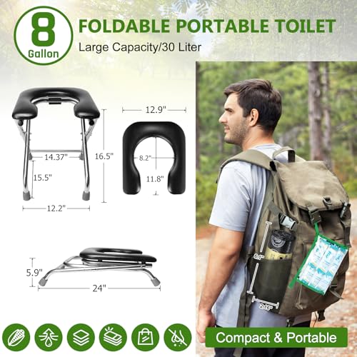 BLIKA Portable Toilet for Camping, 350LBS Stainless Steel Foldable Camp Travel Toilet with Soft Seat for Adults, Portable ...