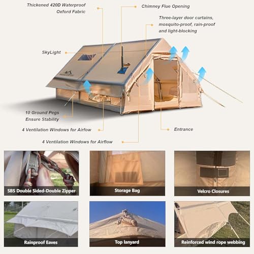 Inflatable Camping Tents 8-10 Person,129 Square Feets Large Inflatable Camping Tent with Stove Jack,Blow up Tent with Mesh...