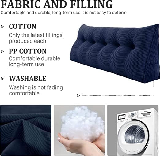 Wedge Headboard Pillow Dorm Room Reading Pillow Back Support for Sitting Up in Bed Bolster Lumbar Cushion Body Positioning Bedrest Corduroy (Navy Blue, Queen (59 * 8 * 20in))