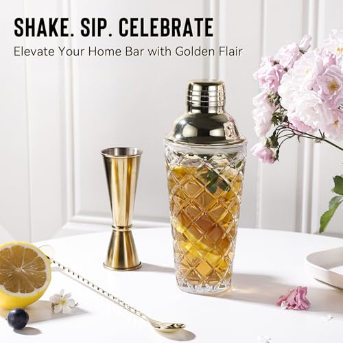 Glass Cocktail Shaker Set with Built-in Strainer – 16oz Thickened Pineapple Glass Gold Shaker Set, Gold Jigger & Bar Spoon...