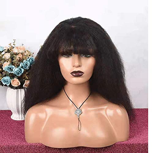 Kinky Blow Out Wig With Bangs Human Hair None Lace Front Wig Glueless Kinky Straight Scalp Top Wig Full Machine Made Brazilian Remy Hair 150 Density Natural Color 12 inch
