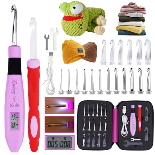 18 Size Counting Crochet Hooks Set Digital with Light up Crochet Hooks Set Ergonomic Soft Grip,Lighted Crochet Hook for St...