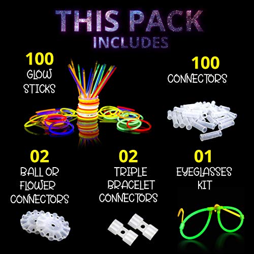 Ammy Glow – 205 Pcs Glow Sticks Bulk Party Pack – Glow in the Dark Party Supplies with Glow Bracelets & Necklaces – New Ye...