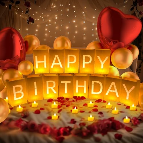 Peledic Happy Birthday Decorations, Include Light up Letters, with Tea Lights Candles, Latex Balloons, Aluminum Balloons a...