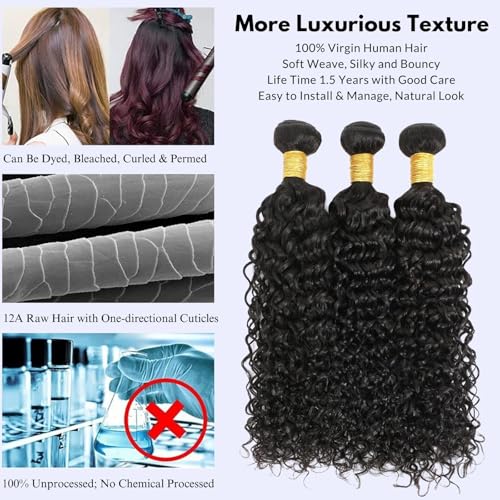 Water Wave Human Hair Bundles - Natural Black Wet & Wavy Curly Sew In Weave, Soft & Shed-free 12A 100% Brazilian Virgin Remy Hair - 3 Bundles, 12, 14, 16 Inch