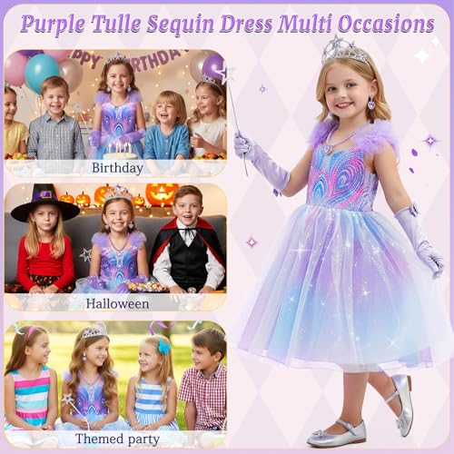 Esvaiy Wicked Glinda Costume Girls Tulle Sequin Dress with Accessories Glinda Dress for Girls Halloween Christmas Cosplay