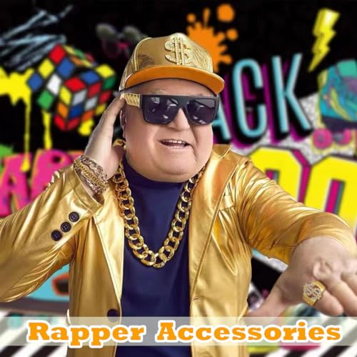 GIFIKOI 80s 90s Hip Hop Costumes Outfit Kit Fake Gold Chain Necklace Dollar Sign Cap Jewelry Set Rapper Accessories