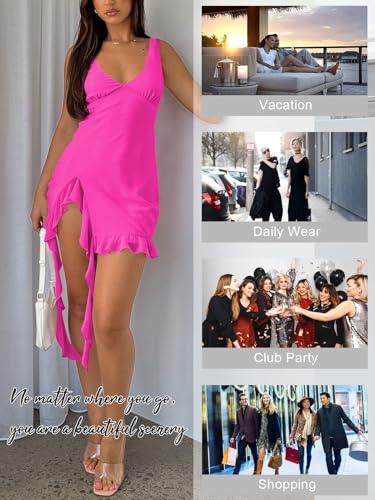 MIYIEONZ Women Sleeveless Sexy V Neck Bodycon Mini Dress Summer Side Slit Mesh Irregular Ruffle Hem Backless Short Dress