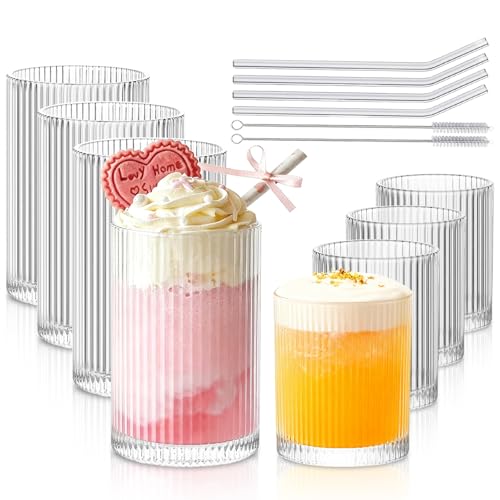 INSETLAN Set of 8 Ribbed Glassware - 4 Large Glasses 17 oz, 4 Rocks Glass Cups 10 oz, Vintage Glassware Cocktail Glasses, ...