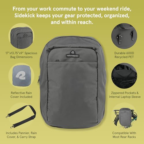Retrospec Sidekick Single & Dual Pannier Bike Bag - Waterproof Commuter Pannier with Laptop Sleeve, Reflective Rain Cover & Carry Strap - Eco-Friendly 600D rPET - 17" Large Capacity