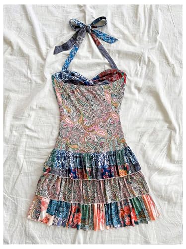 WDIRARA Women's Paisley Floral Boho Ruffle Layered Halter Dress Twist Front Tie Backless A Line Mini Dresses