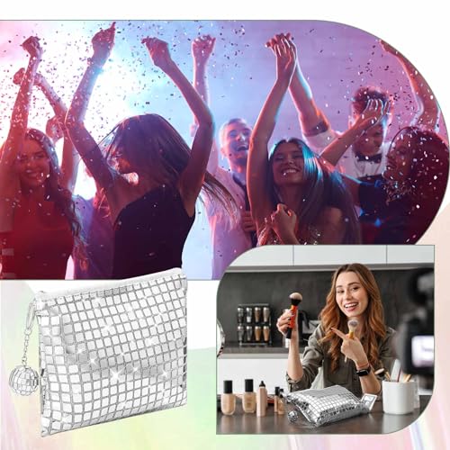 Locmeo 6 Pack Disco Makeup Bags Pop Star Party Favors Portable Glitter Sequin Mirror Cosmetic Organizer with Zipper, Suit ...