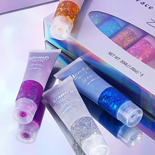 8 Color Body Glitter,Face Glitter Gel,Hair Glitter,Self Adhesive Glitter Gel,Chunky Glitter Festival Accessories,Cosmetic ...