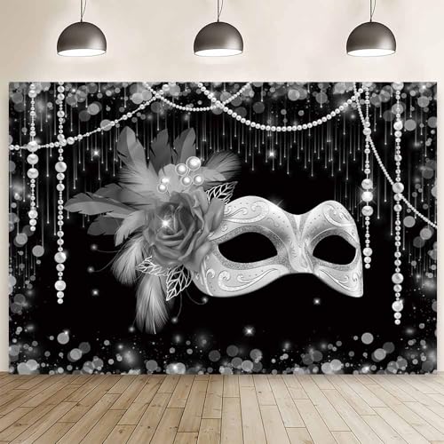 MEHOFOND 7x5ft Masquerade Party Backdrop Black and Silver Mask Photography Background Carnival Masquerade Party Supplies M...