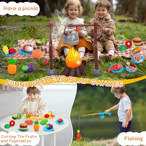 Kids Camping Toys, Mitcien Camping Set Include Pretend Campfire Play Food Fruits & Vegetables Hamburger Magnetic Fishing T...