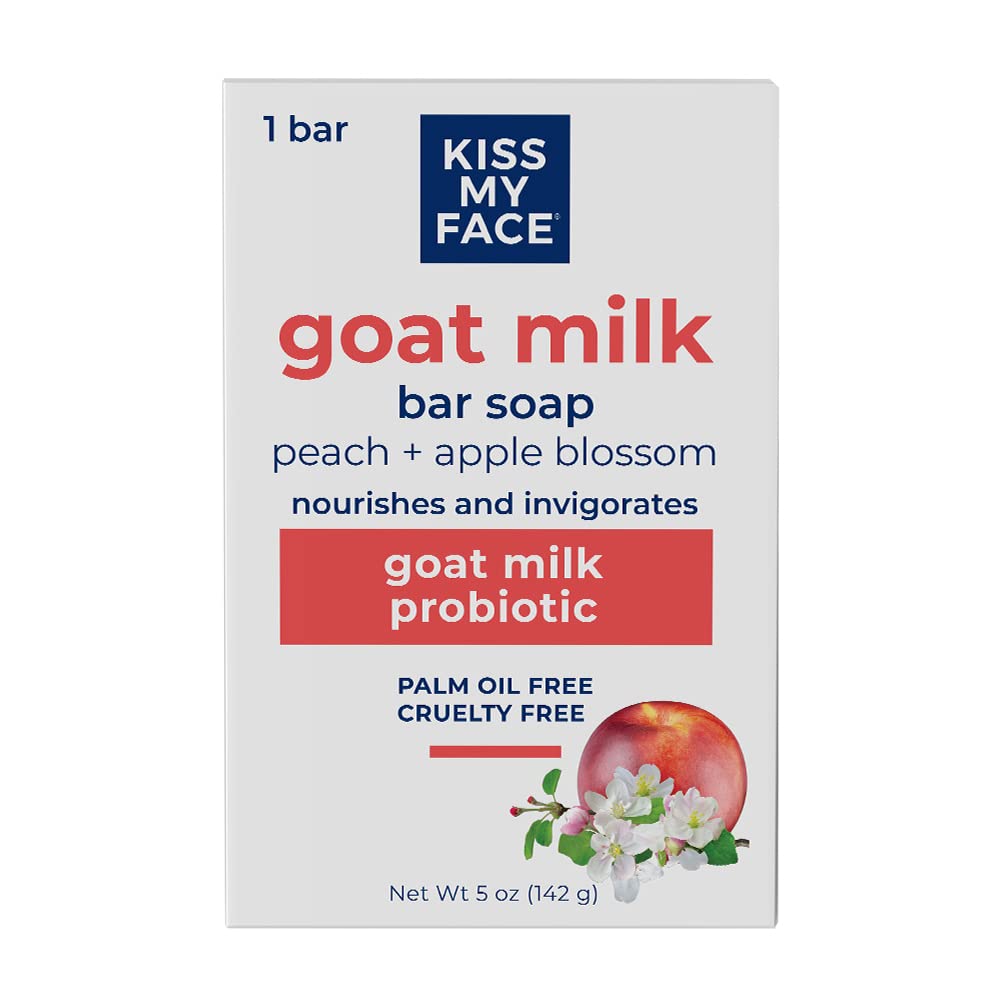 Kiss My Face Goat Milk Bar Soap - Peach + Apple Blossom - Probiotic Goat Milk Soap Bar - Cruelty Free and Palm Oil Free (Peach +