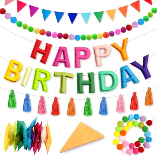 4PCS Pre-Strung Happy Birthday Banner - Felt Happy Birthday Garland, Ball Garland, Felt Pennant Flag, Colorful Thread Tass...