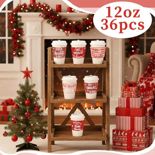 Vesici 36 Sets Christmas Hot Cocoa Coffee Cup with Lids and Sleeves 12oz Christmas Disposable Paper Cup Hot Cocoa Chocolat...