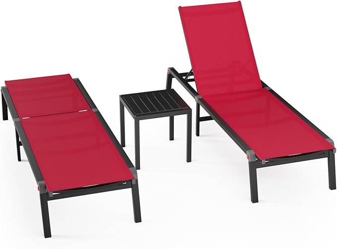 WOAJNQO Aluminum Patio Chaise Lounge Chair Set of 2 with Side Table,5-Position Adjustable Backrest,Foldable Lounge Chair Outdoor,Pool Lounge Chairs for Poolside,Lawn,Deck,Beach (Red, 2 Pack+Table)