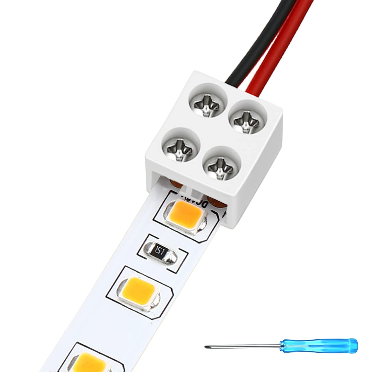 25 Pack Solderless White Led Tape Light Connectors Tighten Screw Terminal Blocks 2 Pin 10mm Connector with Screwdriver Wire to Strip Connector for 5v 12v 24v Monochrome LED Low